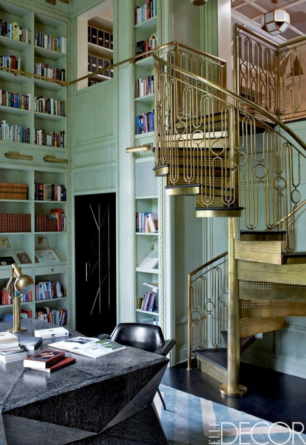 kw-elle-decor2 #staircase #spiral #mint #gold #study #luxury #green