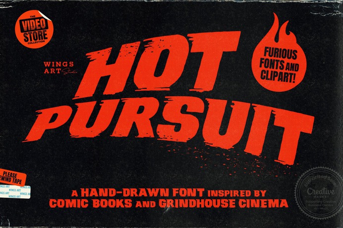 A grungy hand-drawn font with attitude inspired by comic books, Roller Derby and bad Grindhouse movies.

Hot Pursuit is a boiling pot of pop-culture references ranging from 70s chase movies to Roller Derby, horror comics to Grindhouse cinema. All combining to create a hand-drawn font for grungy designs with maximum punch. Supplied in regular and italic styles, it creates titles that race off the page, perfectly suited for dynamic movie posters and headlines.