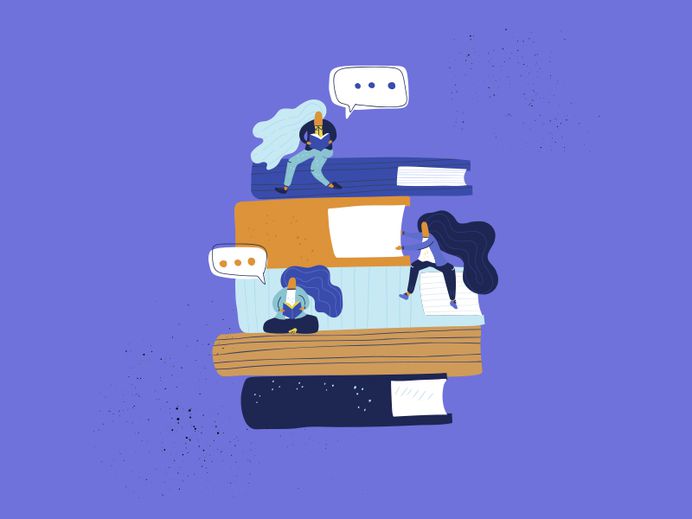 Book Concept texture flat giant books reading woman people cartoon drawing vector hand drawn illustration