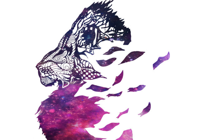 A lion with a galaxy print drifting apart in the wind. AKA a dandy lion.