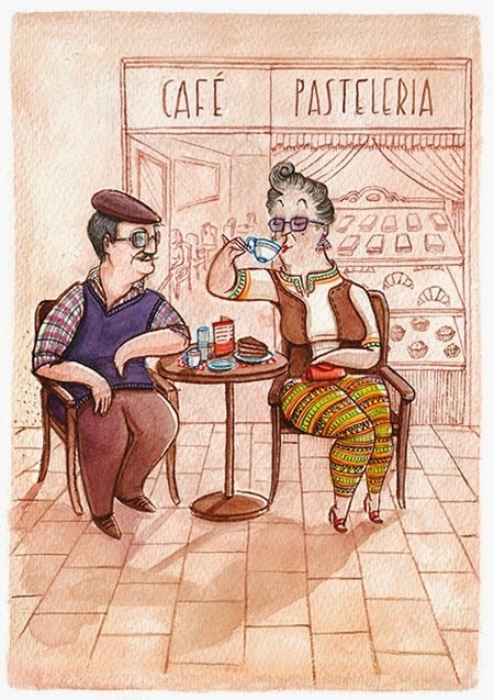 Zaczarowana Walizka #couple #spain #cafe #illustration #coffee #postcard #pastry #watercolour