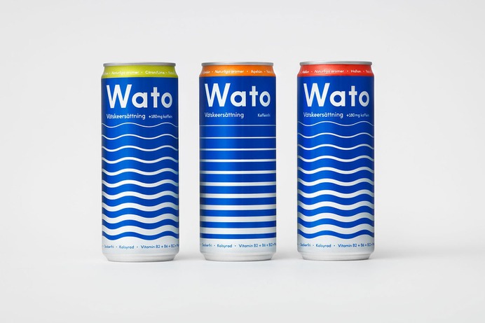 Wato Drink Packaging Design - Mindsparkle Mag Essen International designed the Packaging for Wato Drink. The keystone of the visual identity is a graphic pattern depicting the movement of water. #logo #packaging #identity #branding #design #color #photography #graphic #design #gallery #blog #project #mindsparkle #mag #beautiful #portfolio #designer