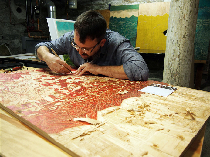 landscape, trees, green, mountain, woodcut, tugboat printshop, printshop