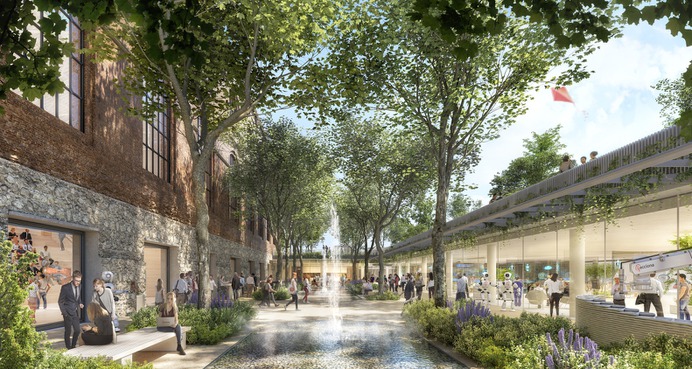 Foster + Partners Transforms Historic Industrial Building into Offices for Acciona in Madrid, Spain,New ground level building and landscaped courtyard. Image Courtesy of Foster + Partners
