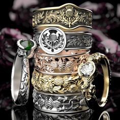 Scottish thistle wedding bands, engagement rings and fashion rings. Made in gold, silver, platinum or palladium!