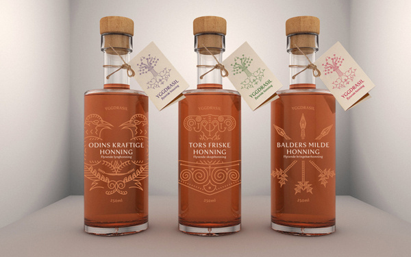 Yggdrasil Norwegian liquid honey packaging #norway #packaging #design #norwegian #honey #viking