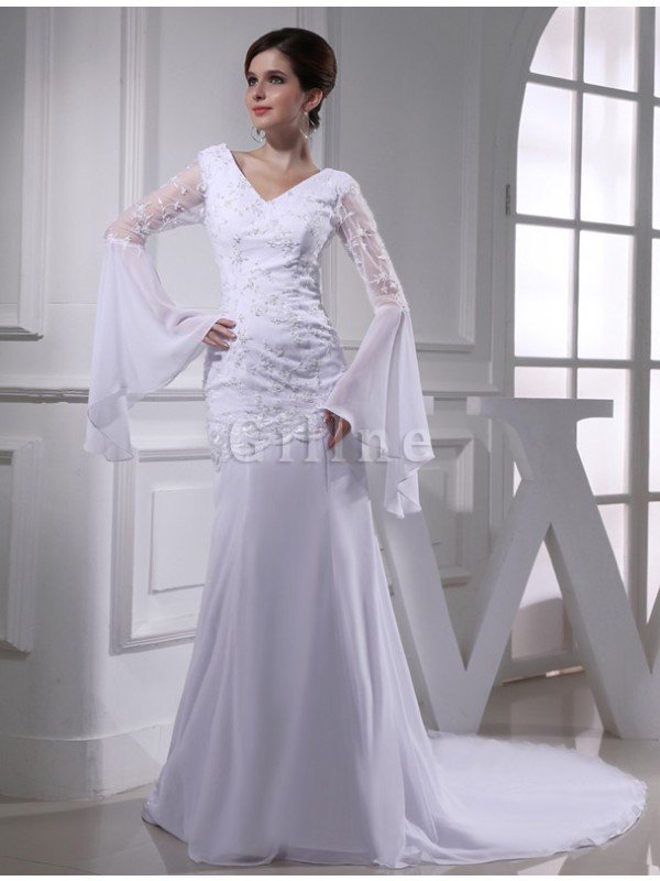 Abito da Sposa in Chiffon Cerniera V-Scollo Alta Vita Coda A Strascico Cappella
