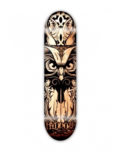 Lasered & Etched on the Behance Network #owl #black #wood #etching #engrave #skateboard