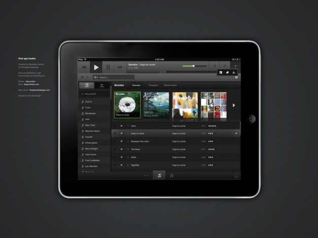 Black music interface with pictures Free Psd. See more inspiration related to Music, Black, App, Ipad, Psd, Material, Interface, Pictures, Horizontal and Psd material on Freepik.