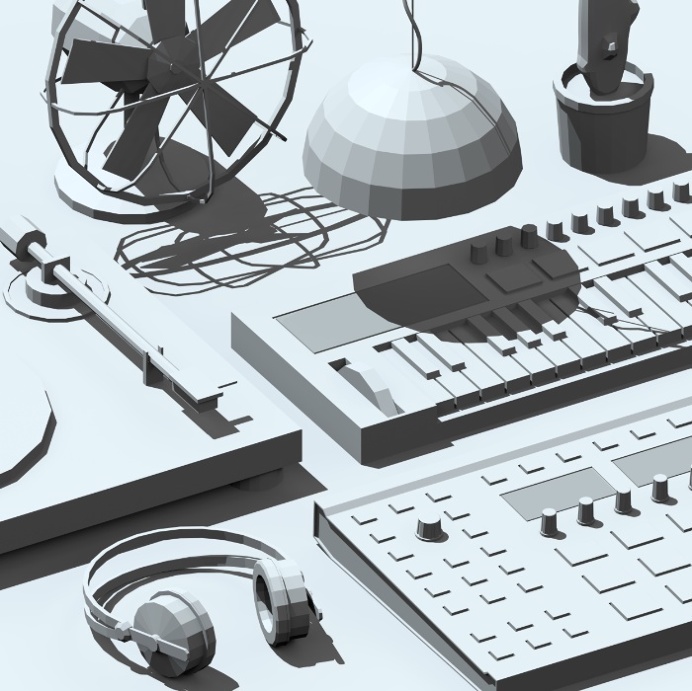 Low Poly Objects Art Print at Søciety6 #3d #cgi #cg #cinema4d #render #studio #turntable #fan #cactus #synthesizer #music #dj #pendant