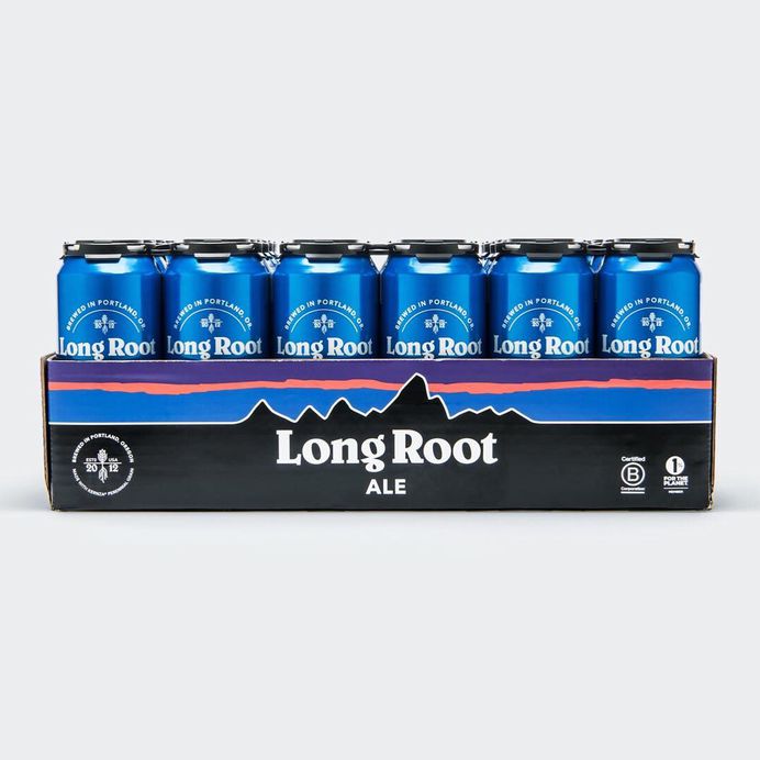 Brand identity, visual language and packaging design for Patagonia's Long Root Ale. The new brand features the iconic Patagonia color palette alongside the ‘Fitzroy’ mountain logo which wraps seamlessly around the individual cans and packaging.