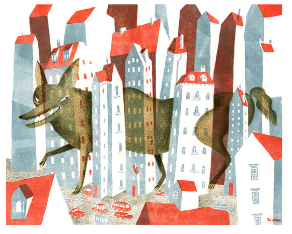 JooHee Yoon #illustration #wolf #street #houses #creature