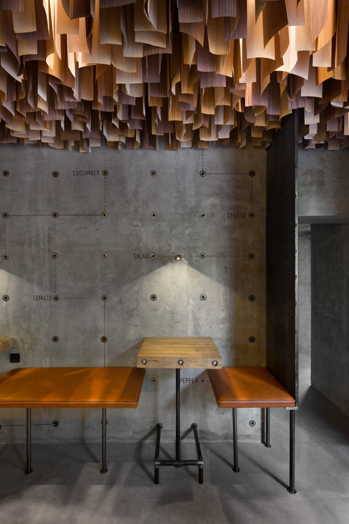 Shade Burger YOD studio interior design mindsparkle mag concrete wall ceiling hanging wood industrial modern typography sign type design