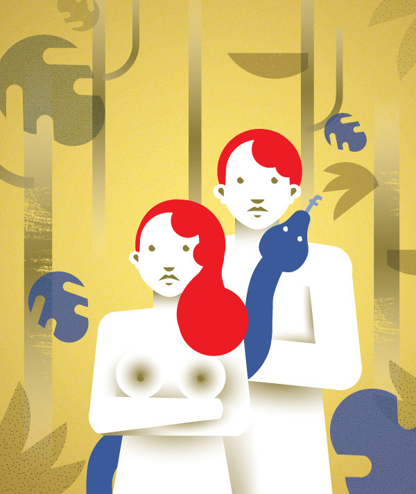 Adam and Eve today on Behance, Magda Azab #magda #red #azab #yellow #eve #facebook #snake #adam #blue #eden #jungle