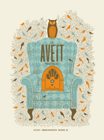 AVETT BROTHERS -CHAIR | Limited Edition Gig Posters Archives - Methane Studios #owl #chair #print #methane #screen #illustration #birds #vintage