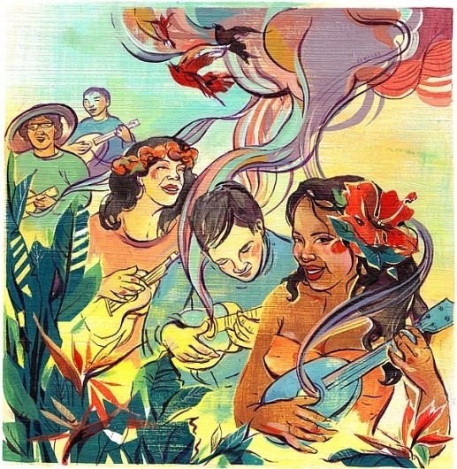 HAWAIIAN UKULELES - West Jet Inflight Mag. on the Behance Network #red #hawai #tropical #design #graphic #yellow #image #poster #green
