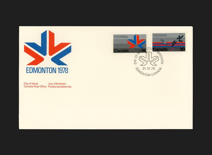 The 11th Commonwealth Games, held in Edmonton in 1978, featured cycling, weightlifting, badminton, wrestling, boxing, swimming, shooting, bowls, and track & field, including a marathon. Canada had the opportunity to choose a tenth sport for 1978 and selected gymnastics. The stamps were released as a series of six — 3 X 14¢ and 3 X 30¢. Each designed to work in colour aligned 'se-tenant' pairs each set against an elegant background of horizontal bands of silver and grey, common to all.