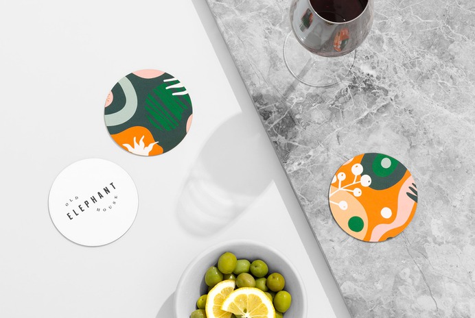 Logo, illustration and coaster design by Studio South for brasserie and courtyard bar Old Elephant House at Auckland Zoo
