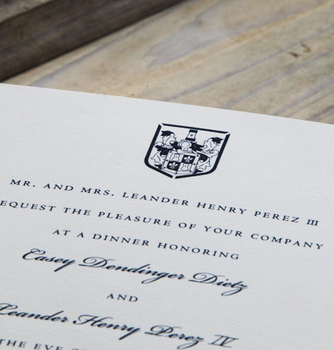 Scriptura Engraved Family Crest Rehearsal Dinner Invitation #crest