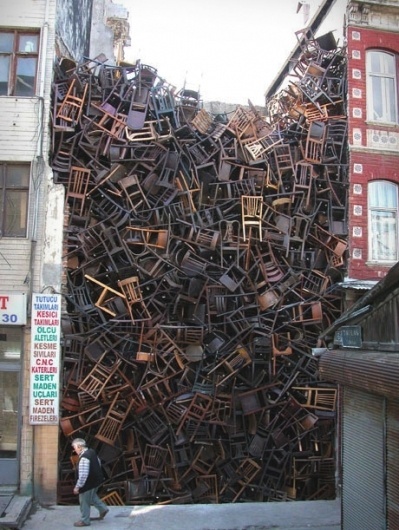 1550 Chairs Stacked Between Buildings - My Modern Metropolis #art #installation