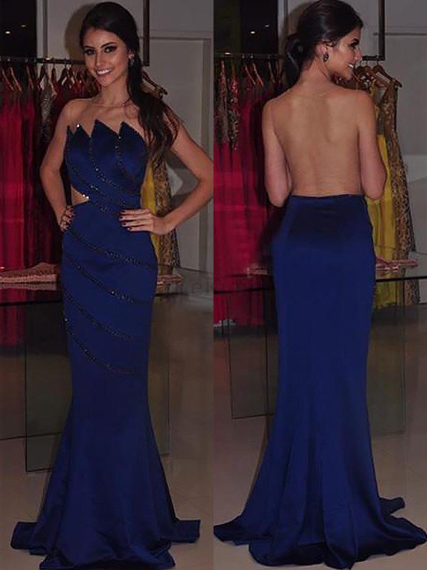 Sweep Train Satin Ärmelloses Normale Taille Abendkleid mit Perlen