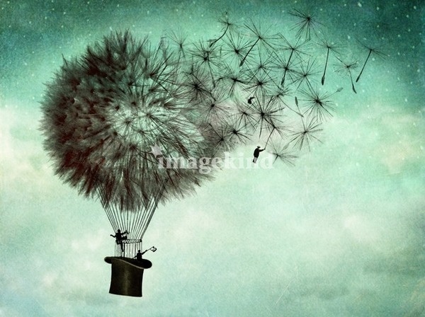 The business men's goodbye #flight #balloon #illustration #hat #dandelion