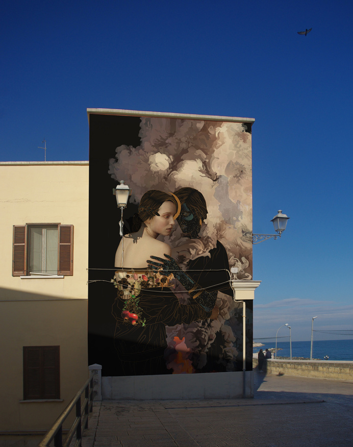 Visualisation of Maiden and The Death on a building wall in Bari by Maria Umiewska