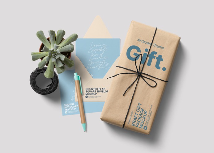Customize the wrapped gift package and note cards mockup template. Place your own gift package design to box and greeting card designs to mockup items, move items around, and change the background color. Create your own gift packaging mockup template. #gift #mockup #package #packaging #giftpackage #notecard #note #paper #rounlabel #tag #tagmockup #holiday #xmas #christmas #christmasgifts #winter #packagemockup #store #shop #shopping #artboardstudio #notecard #birthday
