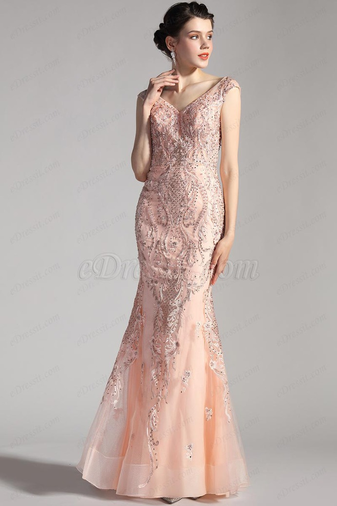 eDressit NEW V-Cut Cap Sleeves Mermaid Tulle Ball Prom Dress (02205001)