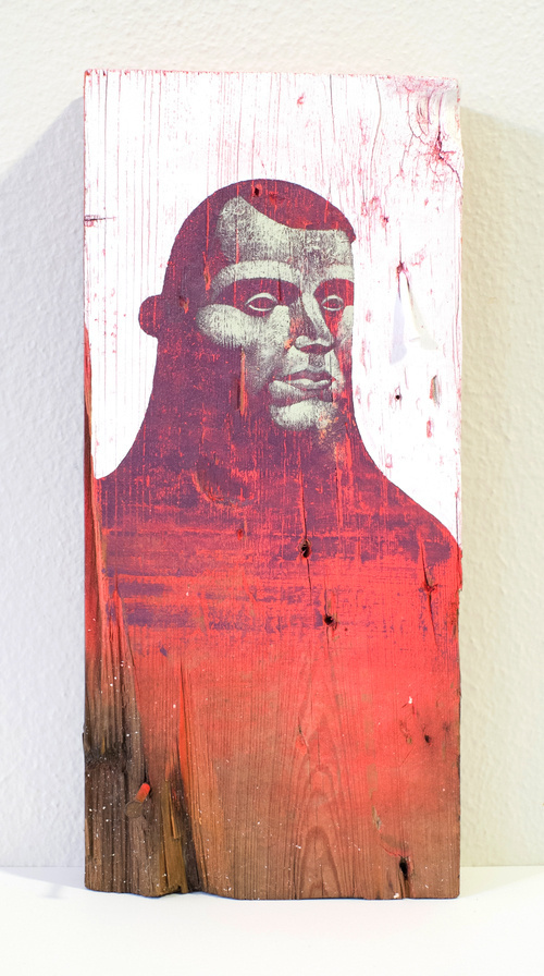 Gouache, acrylic, spray paint and enamel on found wood block