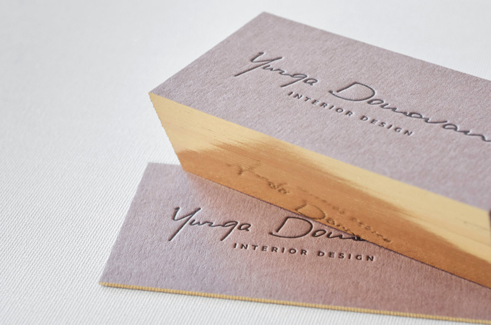 Brown letterpress business card with gilded edge #letterpress #gold #edges #interior #designer