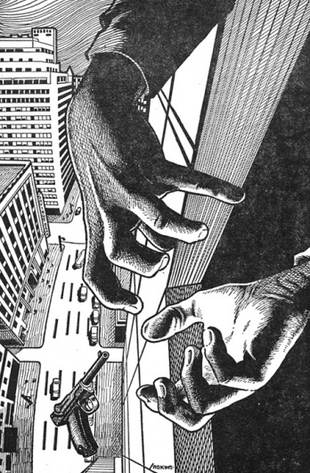 this isn't happiness™ (I hate when that happens), Peteski #ink #ledge #gun #print #falling #comic #illustration #skyscraper #hands #window
