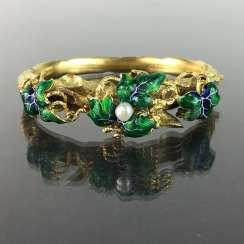Exceptional historicism-bracelets: yellow gold 585, as a Branch with branches and leaves worked, enamel surfaces, 1860!
