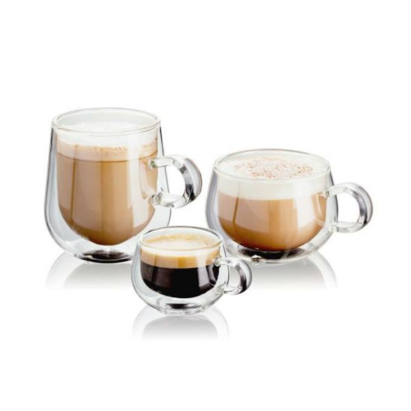 The Cafe Glass Sets are sleek and sophisticated double-walled glasses. Made from borosilicate glass, they are scratch and heat resistant up to 212°F. Because of its double wall design, iced drinks stay cold longer; and hot drinks stay hot while the outer surface remains cool to touch.
