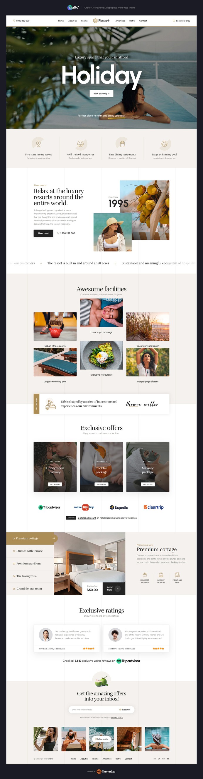 Escape into elegance with the #Hotel & #Resort demo of #Crafto #WordPress #Theme — a luxurious, visually rich layout designed for high-end hotels, resorts, and retreats. This demo captures attention with immersive visuals, smooth scroll effects, and a seamless booking experience. Showcase rooms, amenities, testimonials, and nearby attractions with refined style and effortless navigation. Crafted with #Elementor, it's fully customizable to reflect your brand's sophistication. Perfect for hospitality businesses that want to leave a lasting impression.