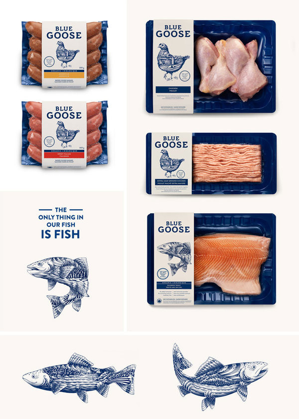 Blue Goose Pure Food #packaging #dieline #fish #sausage #meat