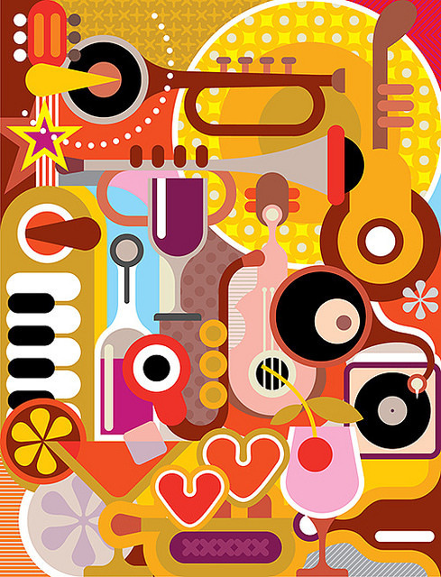 Music - vector illustration. Abstract composition with musical instruments and cocktail glasses. #heart #abstract #guitar #vector #bottle #drink #jazz #glass #illustration #music #love #party