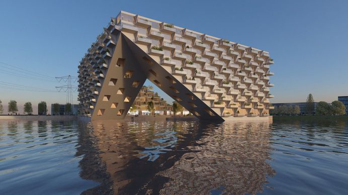 A rendering of Sluishuis, which has the distinctive angular form of many BIG-designed buildings.
