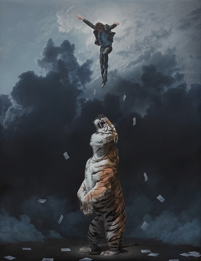 Joel Rea - Elevation #clouds #fantasy #float #illustration #storm #jump #painting #surreal #art #tiger #suit #paper