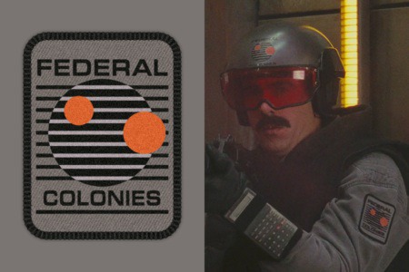 Figure 1.2 Detail views of Federal Colonies logo. Left: Vector approximation of the design. Right: Logo as worn by soldier with mustache.