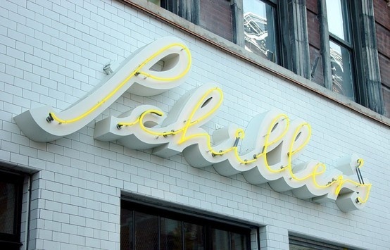Schillers Signage #lettering #script #yellow #straight #dimensional #dope #signage #neon
