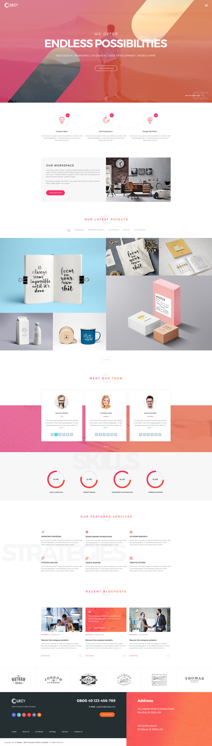 Owkey template offers 19 different pages and many shortcodes to build a creative website for any purpose. Use one of the 4 homepage variatio