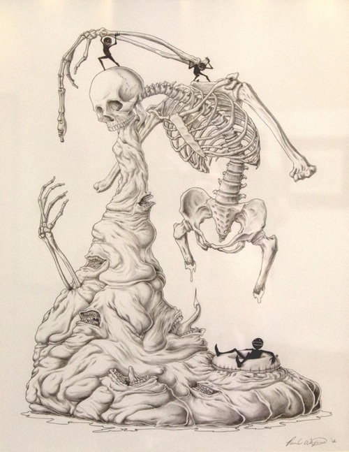 "Absolute Power of the Evil Tongue" by Paul Waijman #skeleton #graphite #illustration #skull #bones