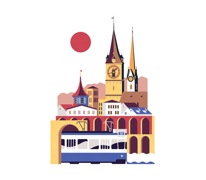 Editorial Digital illustration for the city of Zurich