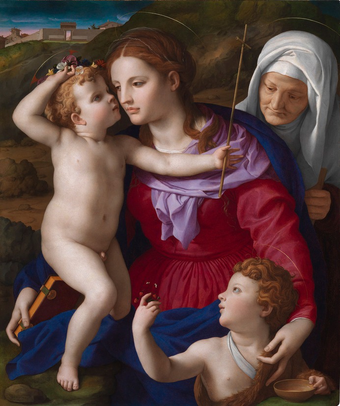 A Renaissance painting showing a beautiful woman with two babies and an older woman in a hood
