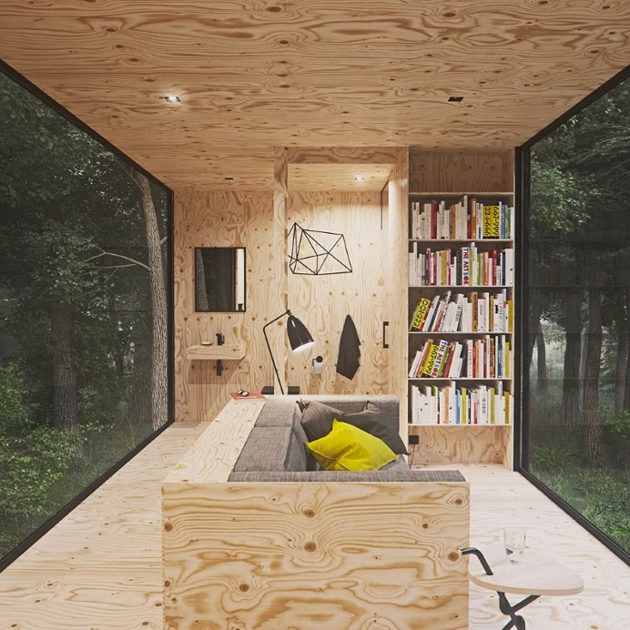 Cabin in a forest with minimal impact on the environment