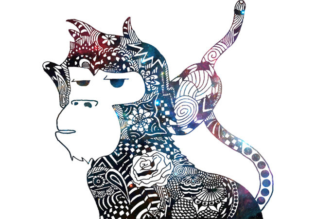 A monkey with a bunch of different patterns incorporated in it.