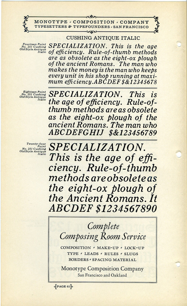 Cushing is a classic ATF design by J. Stearns Cushing and Fred Goudy. Vincent Pacella revived it as ITC Cushing in 1982. #type #specimen #typography