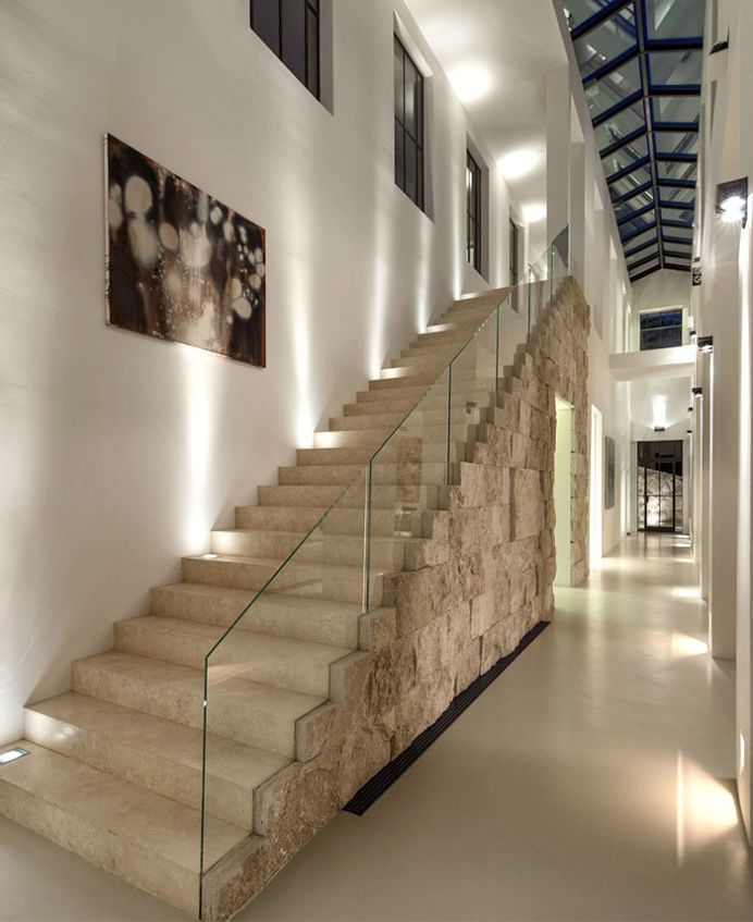 Californian House Encased in Beautiful Travertine Stone - #stairs, #staircase, #stairway, architecture, stairs