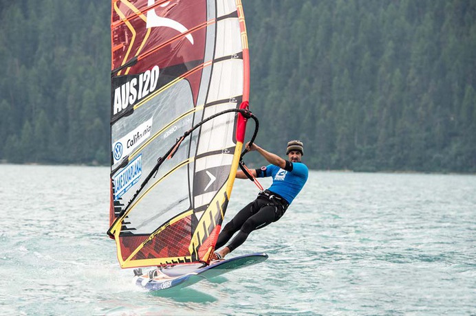 Sean O'Brien windsurfing on Silvaplana, Switzerland